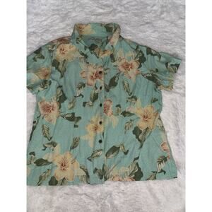Jamaica Jazz Women’s Sz. XL green tropical Design Silk Blend Button Up Shirt
